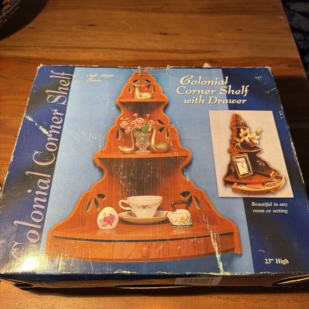 Vintage colonial corner shelf with drawer jsny #4124- New In The Box- Cottage